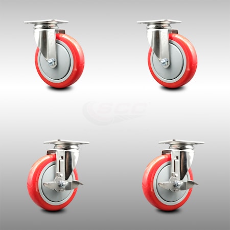 Service Caster 5 Inch 316SS Red Polyurethane Wheel Swivel Top Plate Caster Brakes SCC, 2PK SCC-SS31620S514-PPUB-RED-2-TLB-2